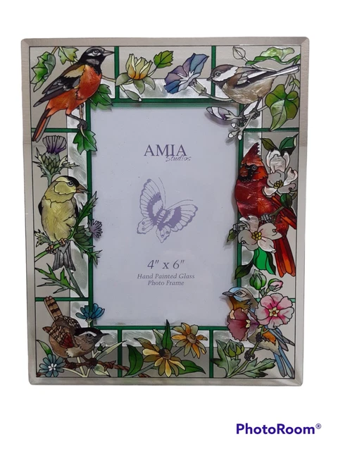 Amia Judy Mizell Art Glass Hand Painted Glass Photo Frame Birds Fits Photo 4x6