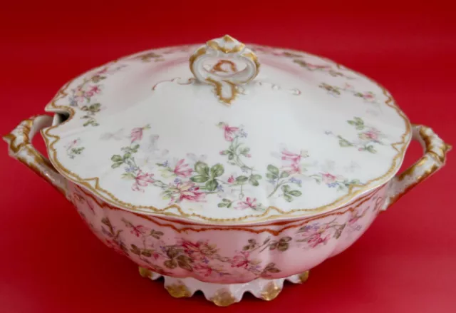 Antique HAVILAND Limoges Tureen Covered Vegetable Bowl Pink Roses Double Gold