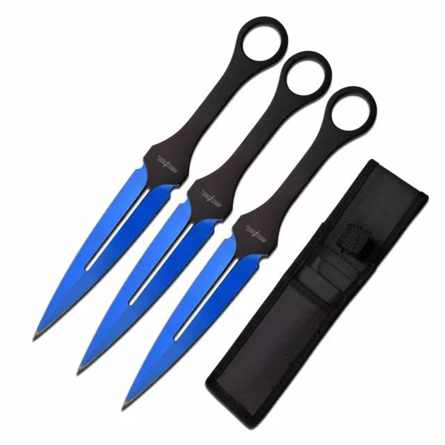 Perfect Point Set of 3 Black and Blue Throwing Knives + Sheath PP-105BL-7-3/GM4