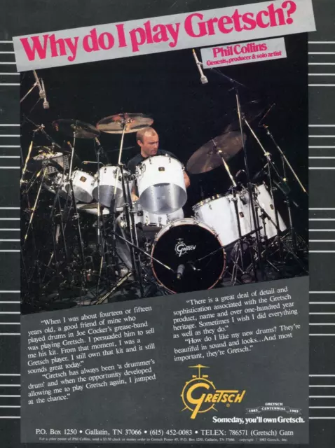 1983 Print Ad of Gretsch Drum Kit w Phil Collins Genesis