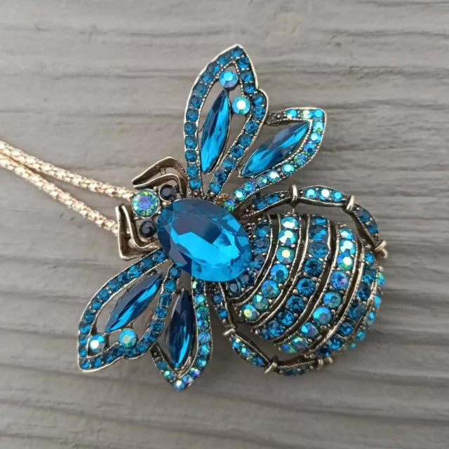 Betsey Johnson Gold Tone Blue  AB Crystal Bee / Moth-Bug Pendant Chain Necklace