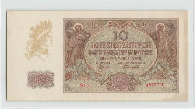 POLAND 10 Zlotych 1940, P-94, Ser. L, 4870735, About UNC, Emission Bank.  .C4
