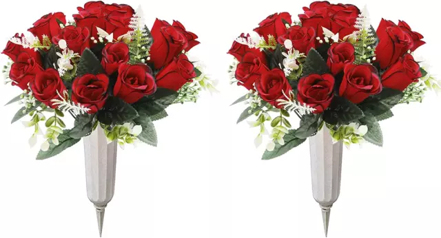 U'Artlines 2Pcs Artificial Cemetery Flowers for Grave Silk Memorial Red Rose Flo