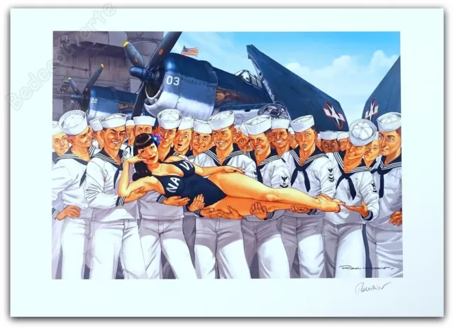 Affiche Romain Hugault Pin-up Wings Avion Navy Signée 50x70 cm