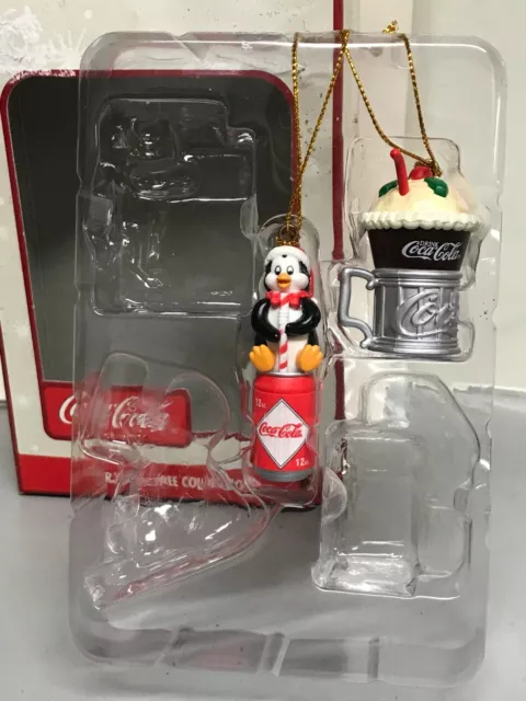 Vintage Coca Cola 2 mini Penguin & Soda Fountain drink Christmas Ornaments