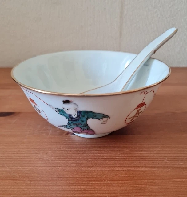 Vintage Chinese Hand Painted Rice Bowl And Spoon