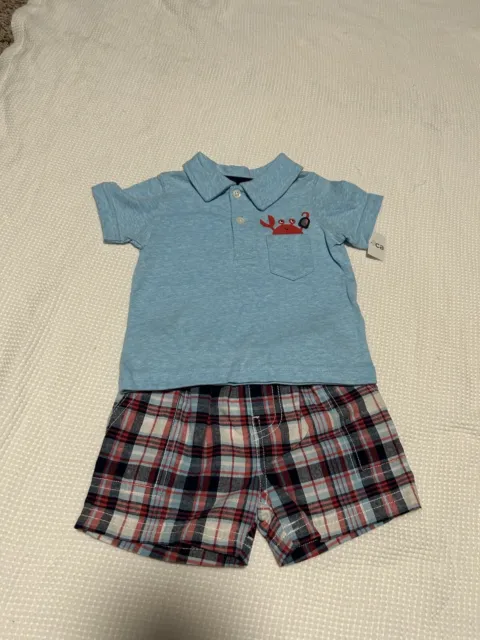 Carters Baby Boy 2 Piece Crab shirt And Plaid Short Outfit Size 3 M NWT