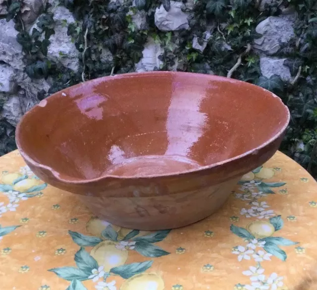 Antique French Tian Provence 15” bowl pottery Earthenware Terracotta Brick