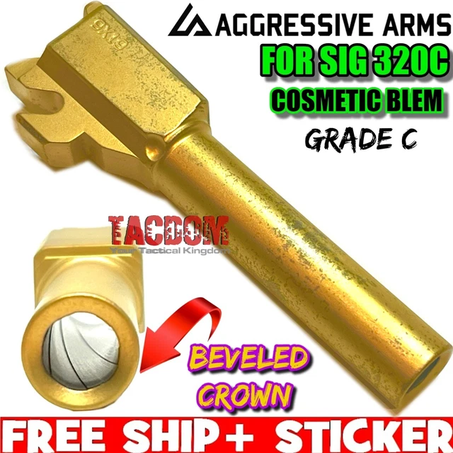 AGGRESSIVE ARMS GOLD TiN COSMETIC BLEM Barrel SIG P320C 416R STAINLESS 9mm C GRD AGGRESSIVE ARMS GOLD TiN COSMETIC BLEM Barrel SIG P320C 416R STAINLESS 9mm C GRD