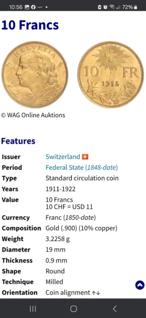Gold Coin 1913-B Swiss 10 franc