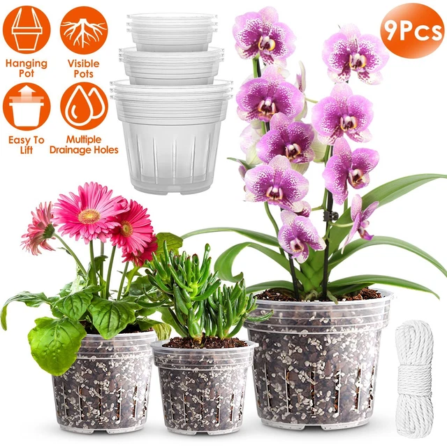 9 PACK ORCHID Pots with Holes Clear Plastic Flower Plant Pot 4.8in/5.5