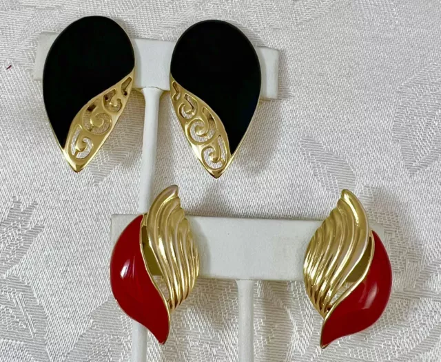 Vintage Enamel Clip on Earrings Lot Of 2 Red Black Gold Tone one Avon