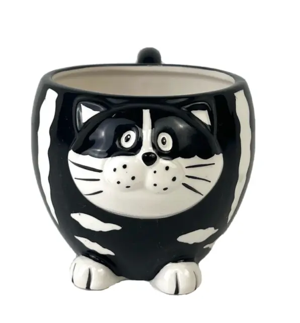 Pier One Imports Chubby Cat Coffee Mug Tea Cup Ceramic Black White Stripe Cute!