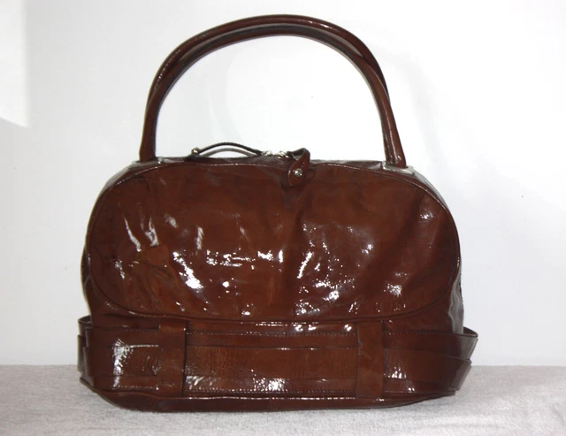 Grand Sac FRANCESCO BIASIA Cuir Verni Marron - Taille Extra Large, épaule, Occasion TBE