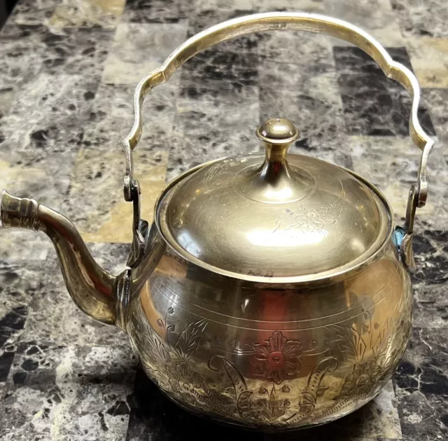 Vintage Brass Teapot Made in India Ornate Etched Floral Engraved Heavy Beautiful