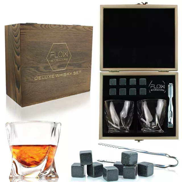 Twist Whiskey Glasses, 8 x Whisky Stones, Ice Tongs & Gift Box Whisky Bar Set