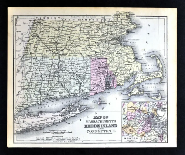1882 Cowperthwait Map Massachusetts Rhode Island Connecticut Boston Hartford