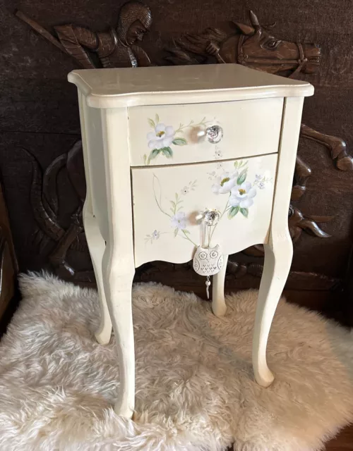 FRENCH LOUIS XV STYLE BEDSIDE TABLE Bathroom Cabinet Hand Painted Flowers Cream