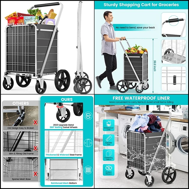 Carrito de compras plegable grande con ruedas 300 LBS para hombres y mujeres fam