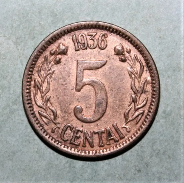 A11 - Lithuania 5 Centai 1936 Choice Uncirculated Bronze Coin - Scarcer *** Nice