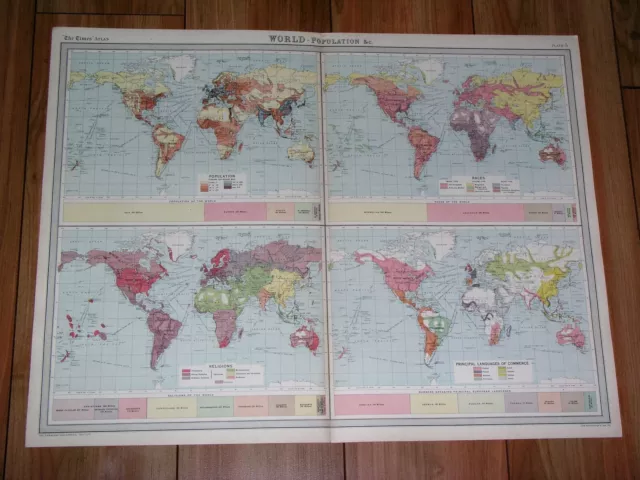 1922 Map Of World Population Religion Races America Africa Asia Europe