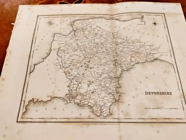 c1840s Devonshire County Map Lewis Topographical Dictionary Plate Exeter