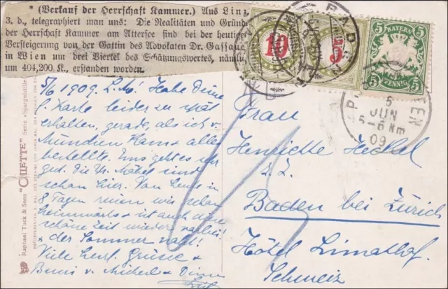 Bayern: 1909: Ansichstkarte nach Baden (Schweiz) mit Nachgebühren