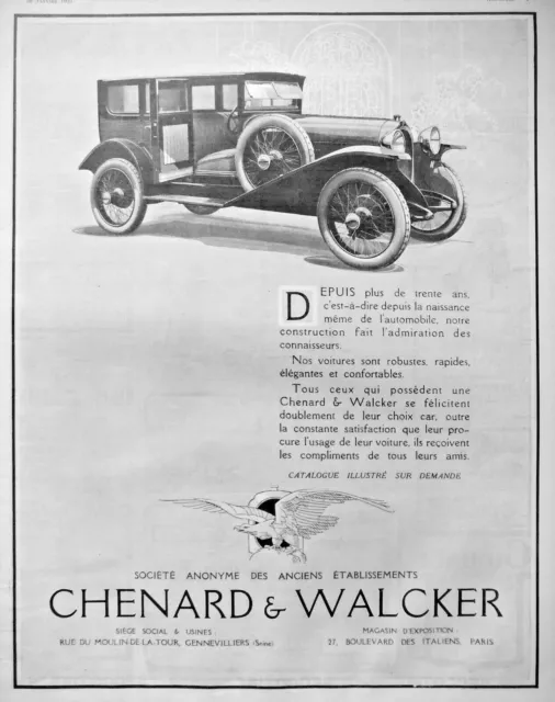 Publicité De Presse 1923 Automobiles Chenard & Walcker Depuis Plus De 30 Ans
