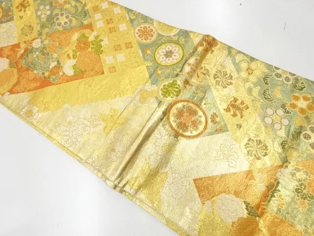 6153576: Japanese Kimono / Vintage Fukuro Obi / Gold Foil / Woven Flower & Bird