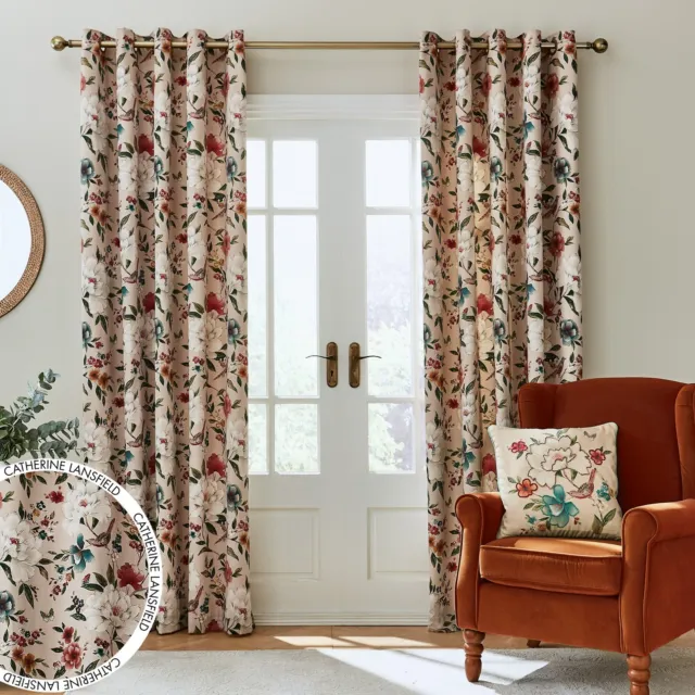 Catherine Lansfield Pippa Floral Birds Lined Thermal Eyelet Curtains Natural