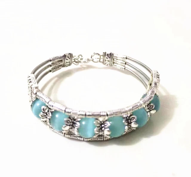 Brazalete de plata tibetana azul claro piedra ópalo pulsera para mujer