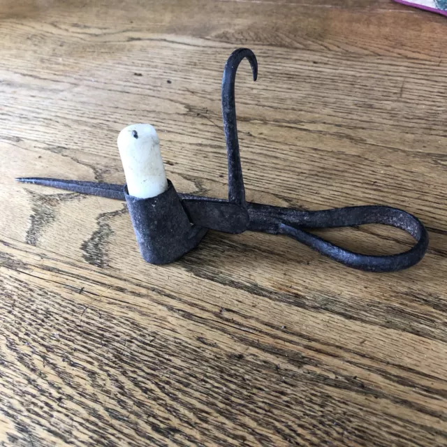 19th Century Underground Miners Candlestick Hand Forged W/ Original Candle