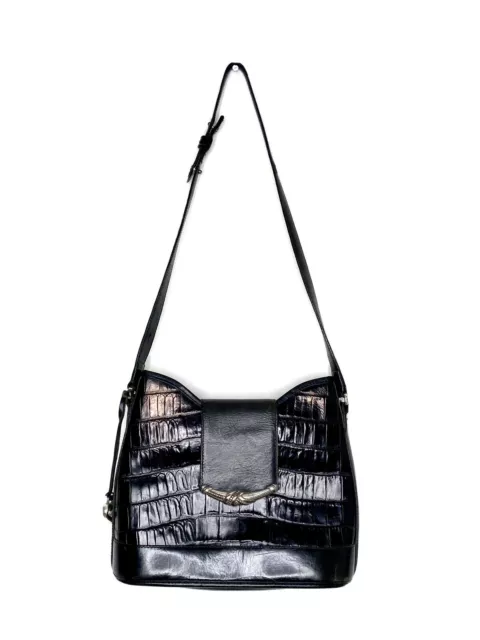 VTG Brighton Black Croc Embossed Leather W Silver Details Shoulder Crossbody Bag