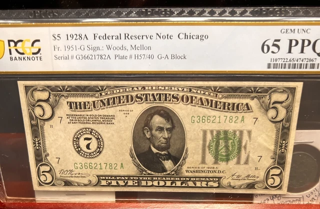 $5 1928A Federal Reserve Note Chicago GEM UNC 65 PPQ Stunning #1 Highest Grade