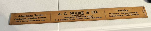 Antique Advertising Ruler AG Moore & Co Printers PRINTING  West Somerville Mass