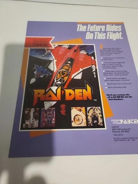 Flyer  FABTEK,RAIDEN 1990  Arcade Video Game advertisement original see pic