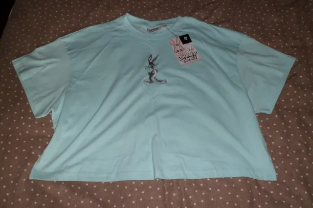 Lovely Ladies Looney Tunes Pale Blue Cropped T-Shirt Size Xl (18-20)**Bnwot**New