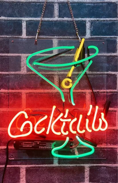 Cocktails Martini Cocktail Bar Open Acrylic 14" Neon Light Sign Lamp Wall Decor