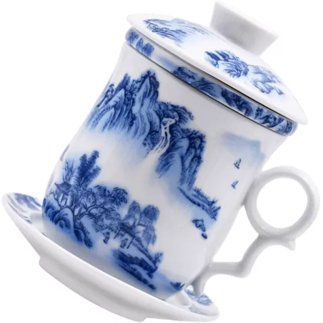 Blue & White Chinese Tea Cup with Lid - Vintage Porcelain Mug for Home/Office