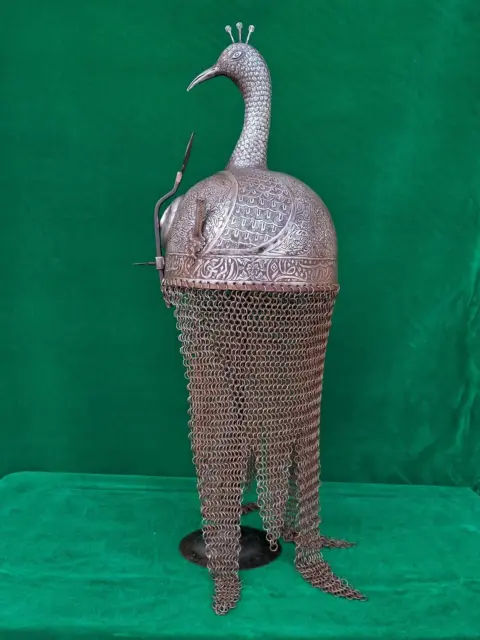 Vtg Indo Persian Qajar Sun Peacock Engraved Helmet Kulah Khula Khud Armour