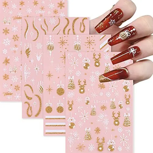 Christmas Nail Art Stickers Decals White Snowflakes Glitter Gel