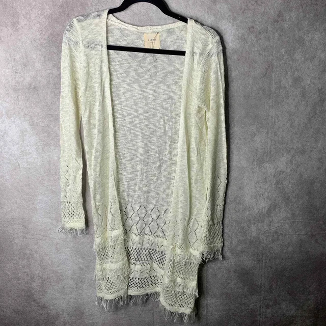 Harper Long Cardigan Sweater Womens Small Cream Open Front Open Knit Fringe