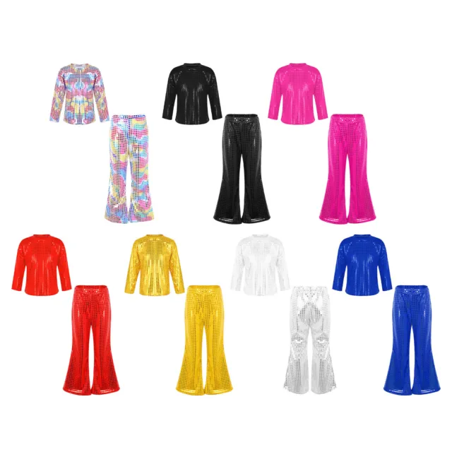 Kids Girls Boys Tops With Flared Pants Sequins Dancewear Party Jazz Performance