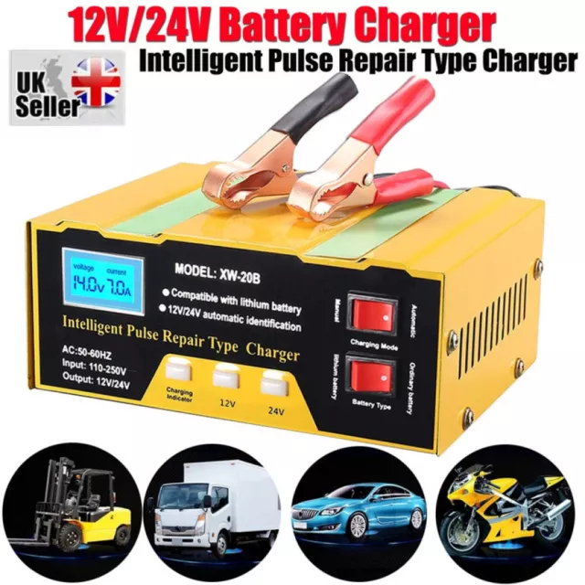 Car Battery Charger LCD 12V & 24V Trickle / Fast Vehicle HGV Lorry Heavy Duty