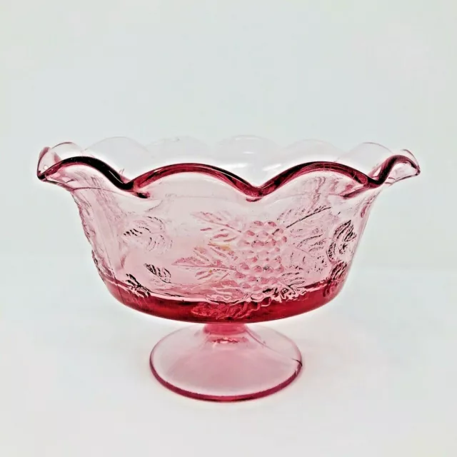 Vintage Pink Pressed Glass Compote Grapes & Leaf Pattern Ruffled Edge Pedestal