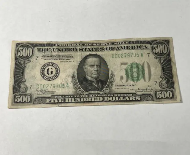 1934 A United States 500 Five Hundred Dollar Bill Federal Reserve Note Chicago