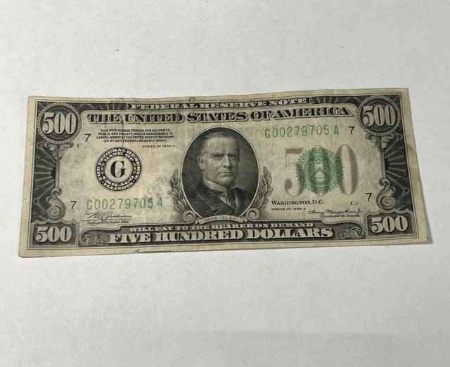 1934 A United States 500 Five Hundred Dollar Bill Federal Reserve Note Chicago