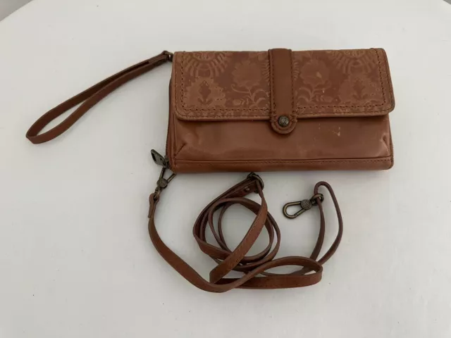 The Sak Sequoia Smartphone Tan Brown Leather Embossed Floral Wristlet Crossbody