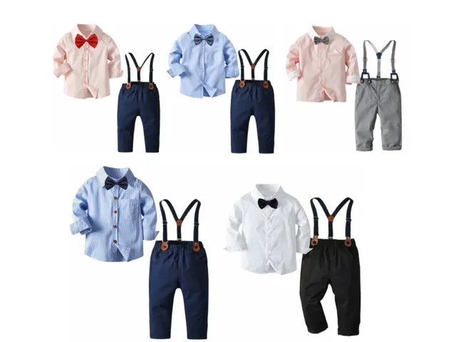Kids Boys Gentleman Outfits Shirts Tops Suspenders Pants Outfits Party Bow Tie