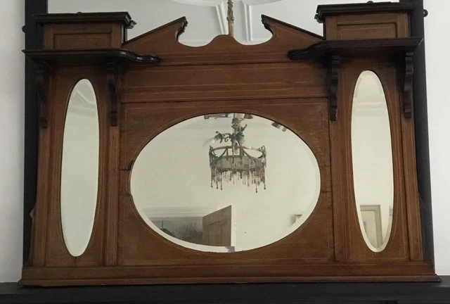 Antique Victorian/Edwardian  Mahogany Inlaid Triple Overmantle Mirror